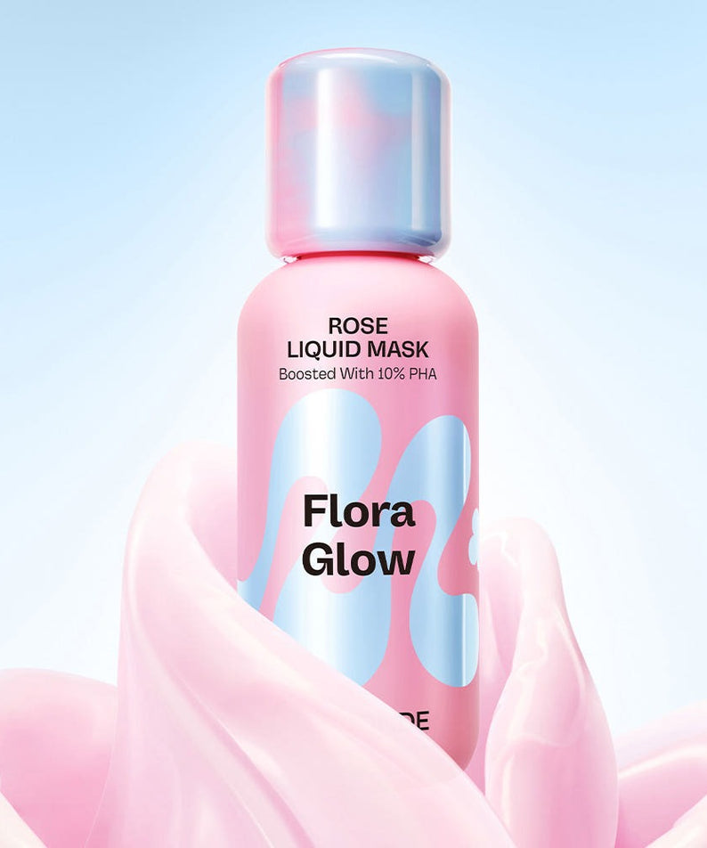 MAMONDE Flora Glow Rose Hydrogel Mask 1 sheet, flacon rose et tissu, contexte beauté spa, rose en ambiance douce.