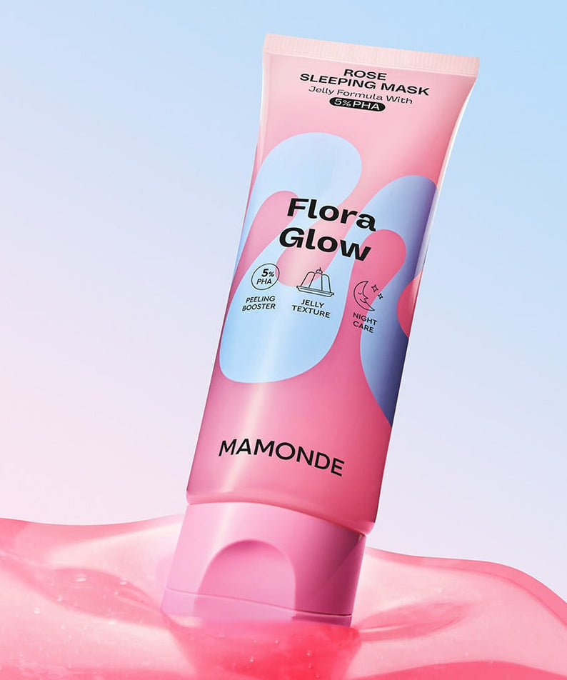 MAMONDE Flora Glow Rose Sleeping Mask 80ml : tube rose sur fond blanc, contexte beauté/soin du visage, fleurs.
