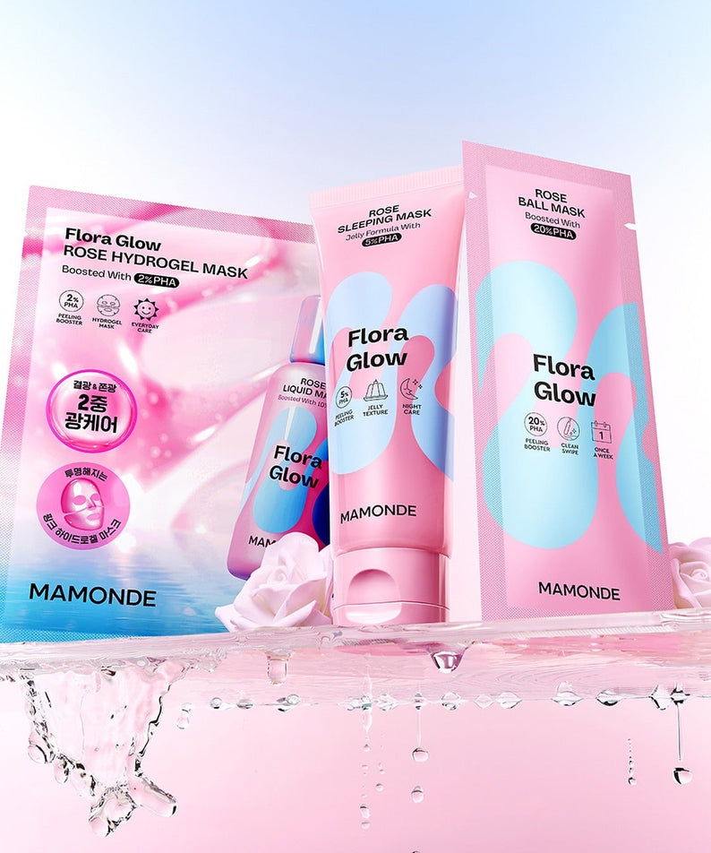 MAMONDE Flora Glow Rose Sleeping Mask 80ml, masques de nuit rose, marque MAMONDE sur fond rose et eau éclaboussures