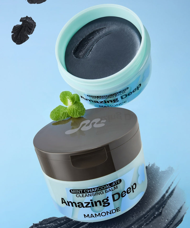 MAMONDE Amazing Deep Mint Chocolate Cleansing Balm 90ml avec un couvercle ouvert et texture charbon visible, produit de soin beauté.