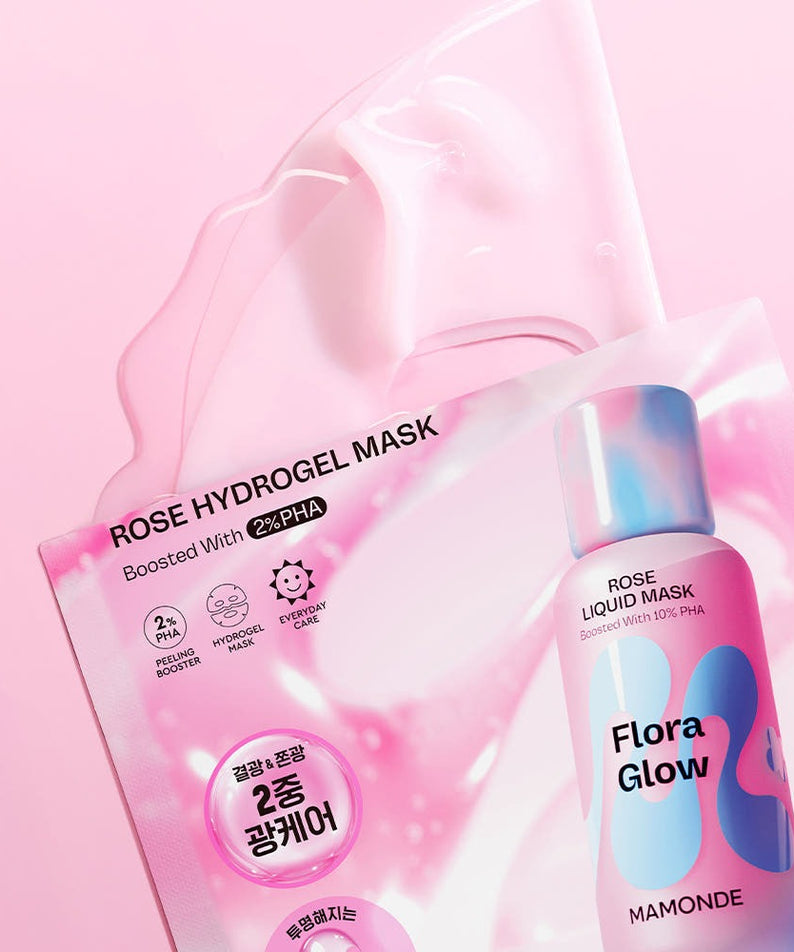 MAMONDE Flora Glow Rose Hydrogel Mask 1 sheet sur fond rose, masque hydratant visage avec du PHA pour éclat et soin intensif.