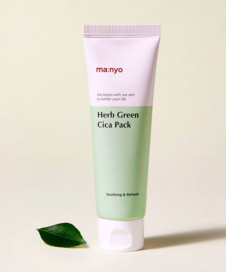 Crème apaisante MANYO Herb Cica Pack 75ml avec feuille verte, soin visage.