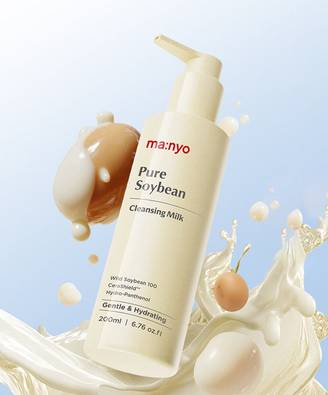 MANYO Pure Soybean Cleansing Milk 200ml pour un nettoyage doux et hydratant, photo du produit en bouteille de 200ml.