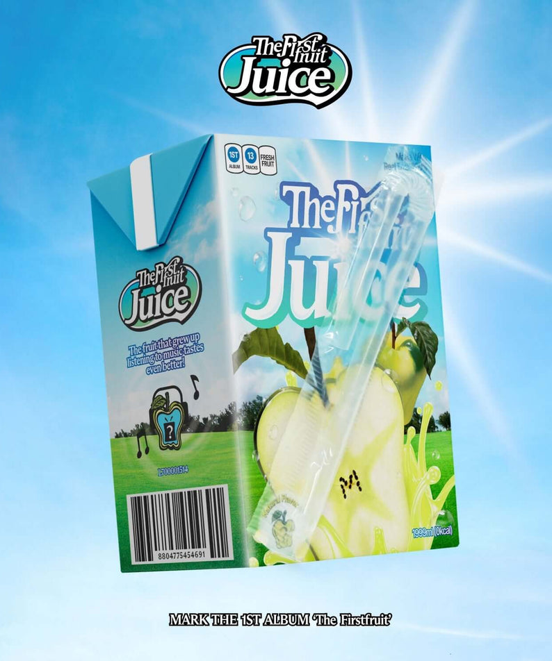 MARK - 1st Album [The Firstfruit] (First Juice Ver.) (Smart Album) - Album Kpop : jaquette The Firstfruit Juice sur fond bleu