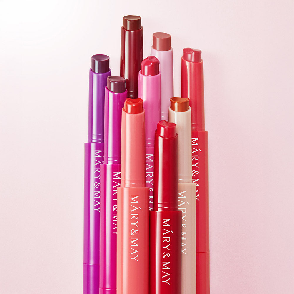 MARY&MAY Blooming Glow Lip 09 Sunset Tangerine 1.7g : gamme de rouges à lèvres sur fond clair, marque MARY&MAY.