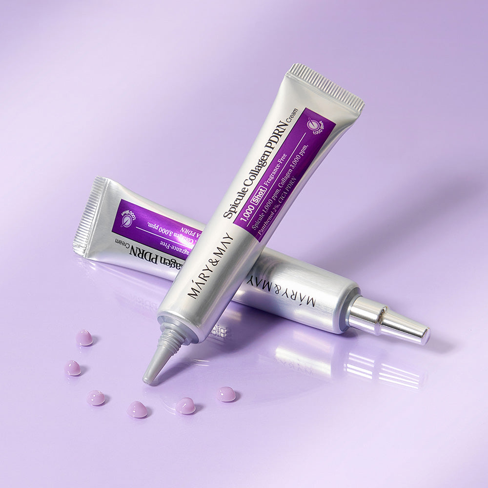MARY&MAY  Speckle Collagen PDRN Cream 15g, tube sur fond violet avec gouttes, contexte beauté.