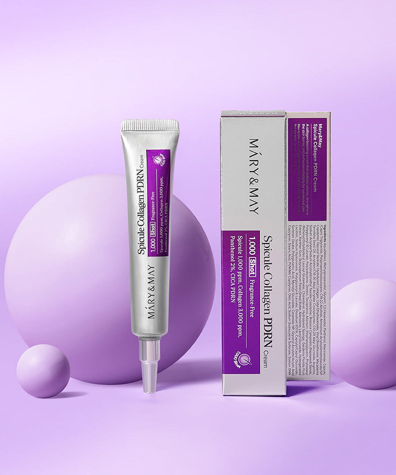 MARY&MAY  Speckle Collagen PDRN Cream 15g sur fond violet, tubes et étui cosmétiques MARY&MAY.
