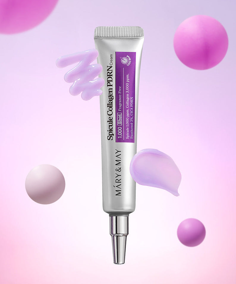 Décris l'image en français : MARY&MAY  Speckle Collagen PDRN Cream 15g, tube crème violet sur fond pastel avec gouttes.