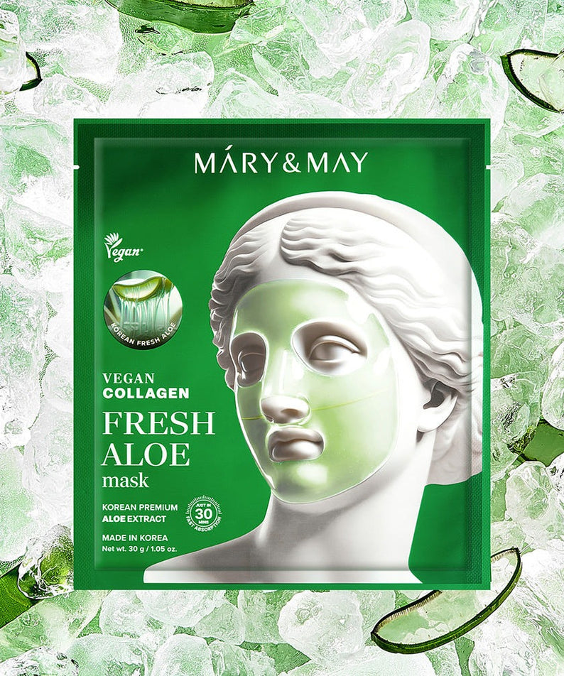 MARY&MAY Vegan Collagen Fresh Aloe Gel Mask (4 sheets) sur packaging vert avec visage et aloe, marque MARY&MAY