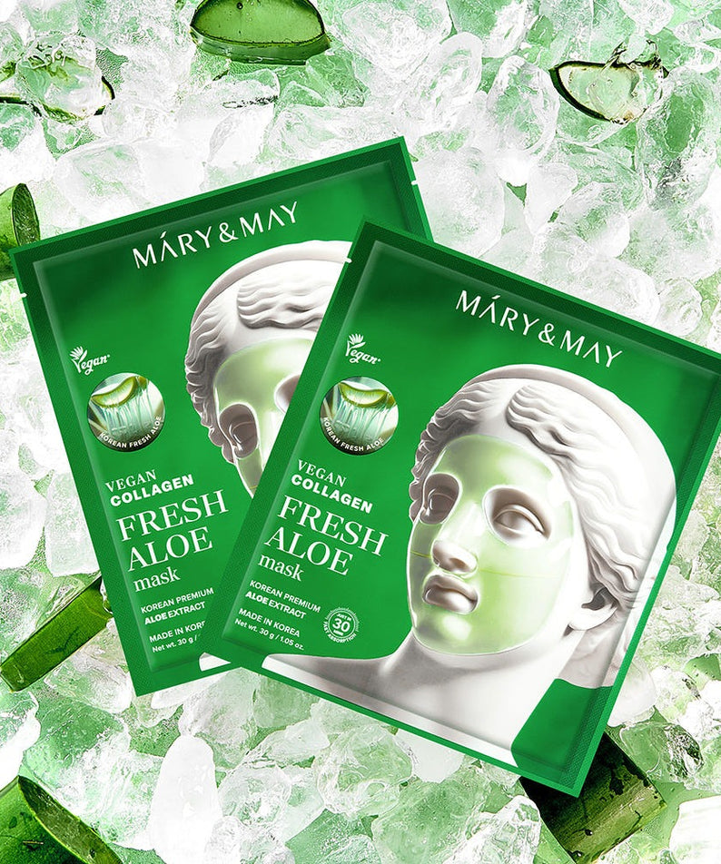 MARY&MAY Vegan Collagen Fresh Aloe Gel Mask (4 sheets) : 4 masques sur glace, marque MARY&MAY, look aloe frais vert.