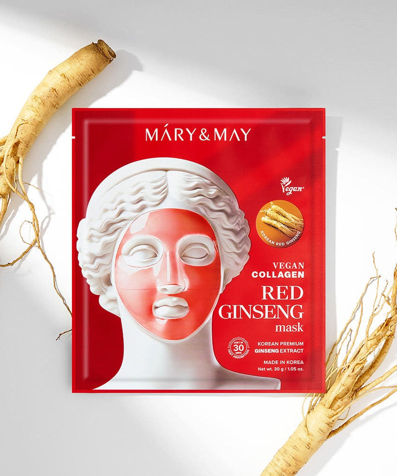 MARY&MAY Vegan Collagen Red Ginseng Gel Mask (4 sheets) sur fond blanc, avec ginseng et écorces, produit visage.