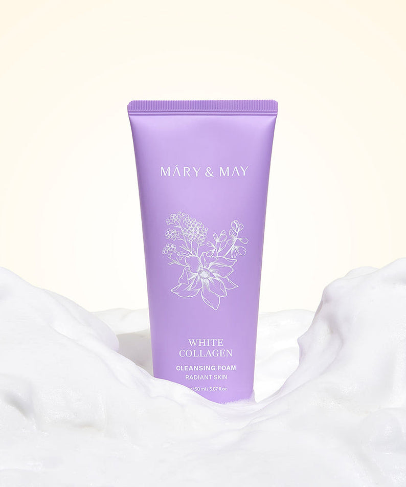 MARY&MAY White Collagen Cleansing Foam 150ml, tube violet sur tissu blanc, mousse/soin visage démaquillant, marque MARY&MAY