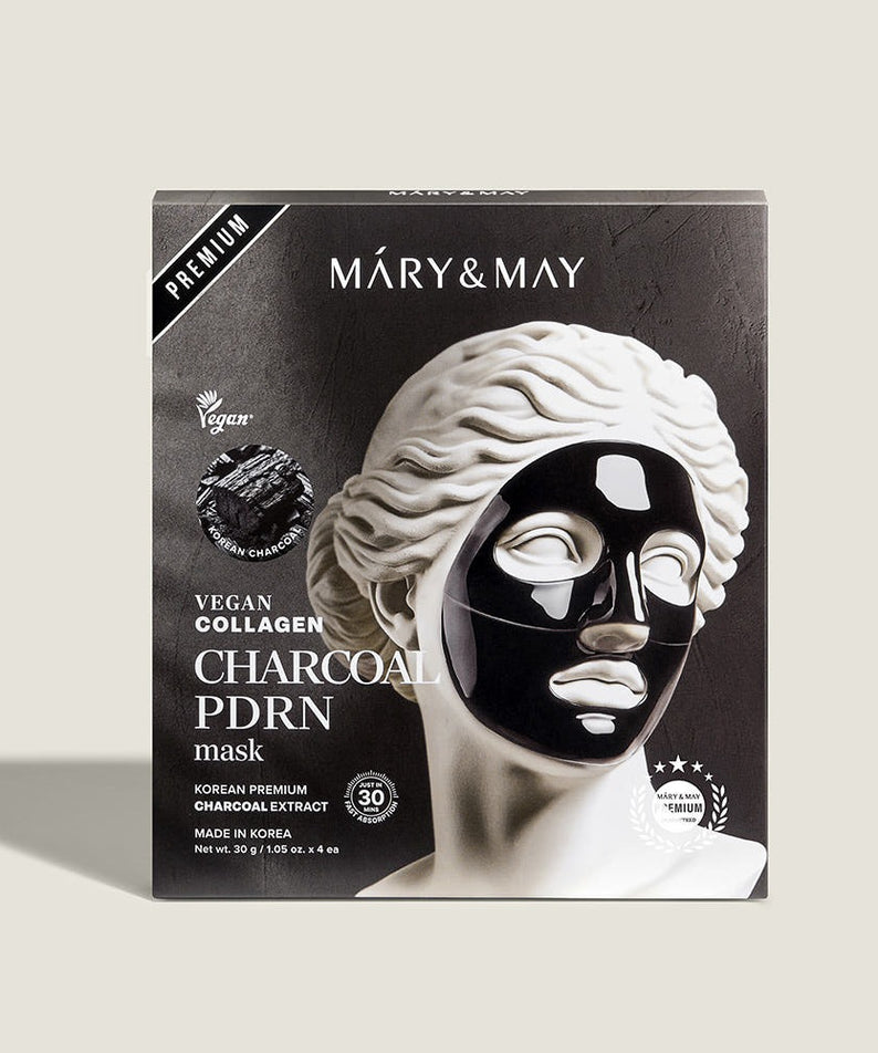 Boîte de MARY&MAY Vegan Collagen Charcoal PDRN Gel Mask (4 Sheets) avec une image de masque noir sur sculpture blanche