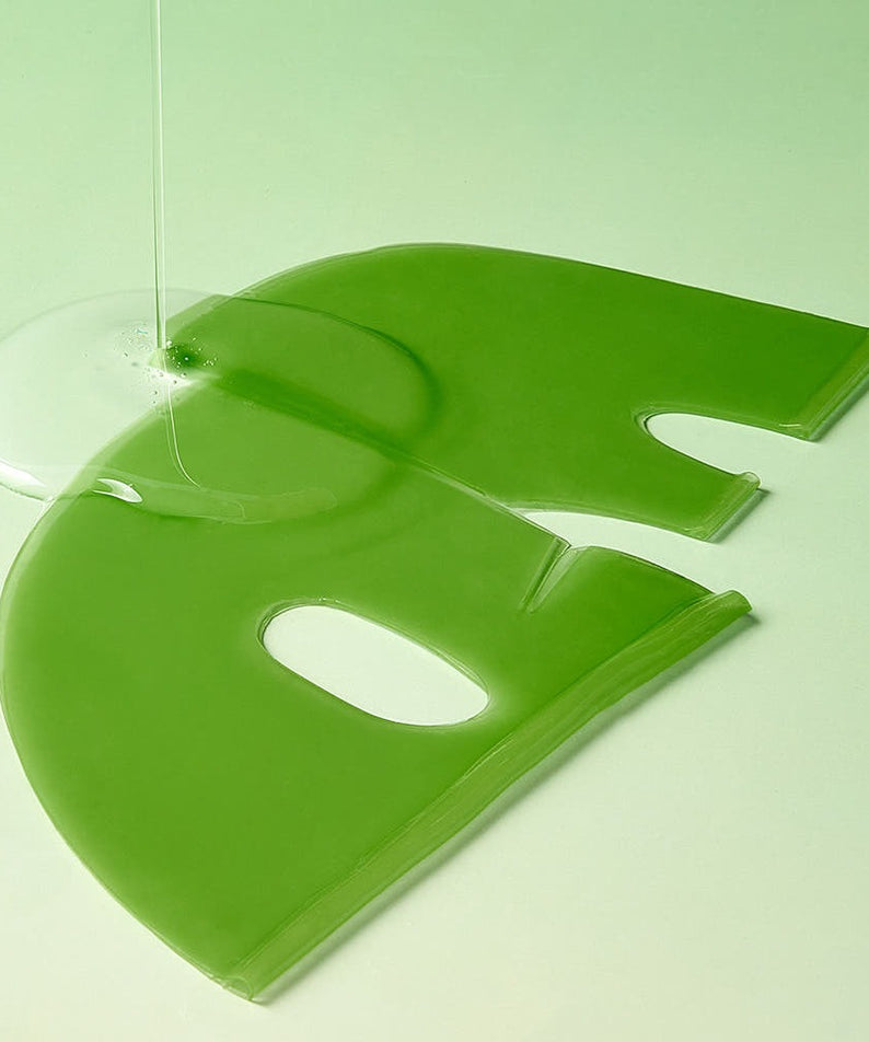 Masque MARY&MAY Vegan Collagen Fresh Aloe Gel (4 feuilles) avec texture gel verte et éclatant soin de la peau.