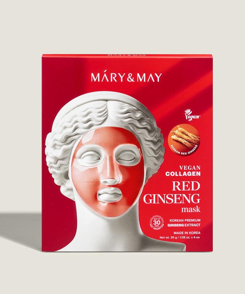 MARY&MAY Vegan Collagen Red Ginseng Gel Mask (4 sheets) sur fond beige