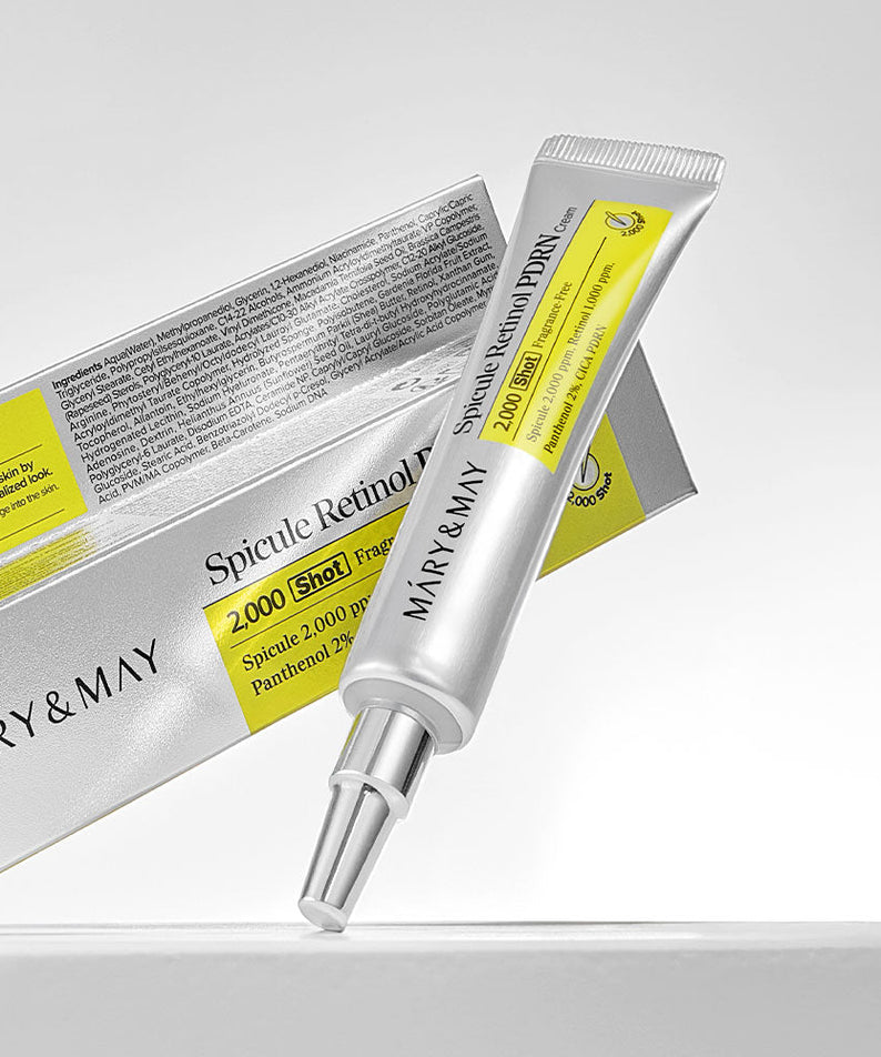 Crème MARY&MAY Speculum Retinol PDRN 15g dans un tube argenté et jaune avec boîte d'emballage en arrière-plan.
