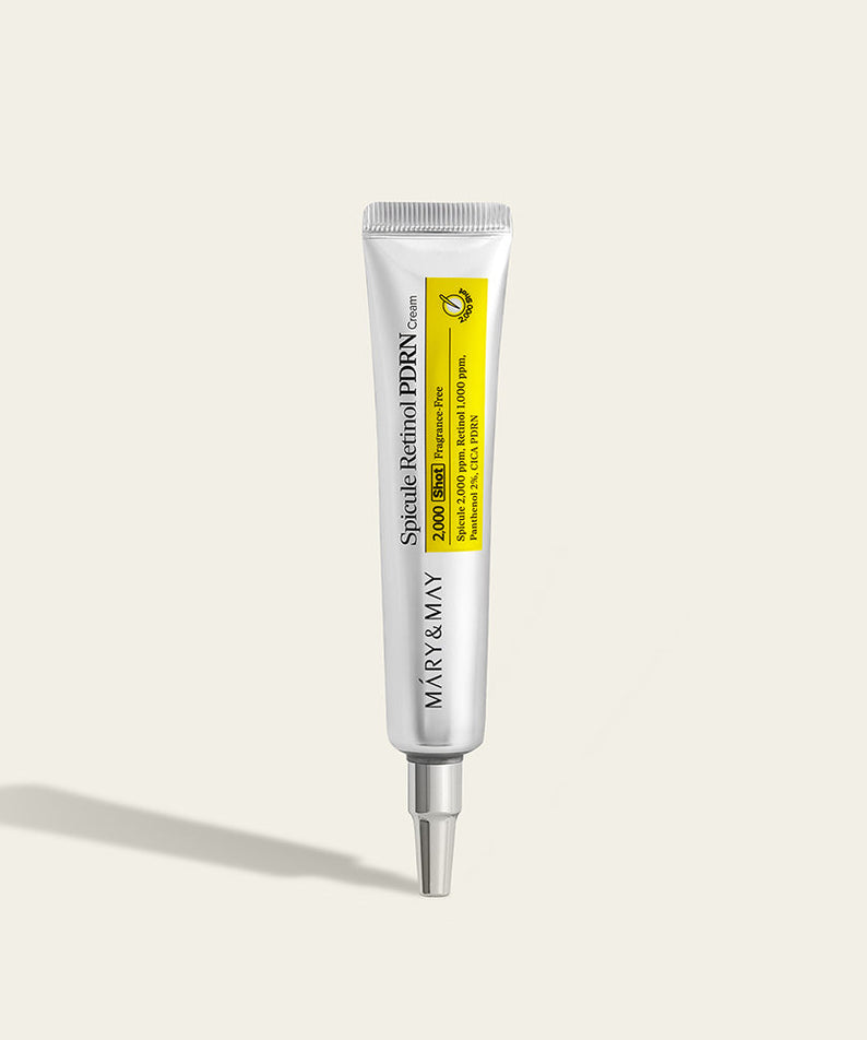 Crème MARY&MAY Speculum Retinol PDRN 15g dans un tube blanc avec étiquette jaune, soin anti-âge puissant