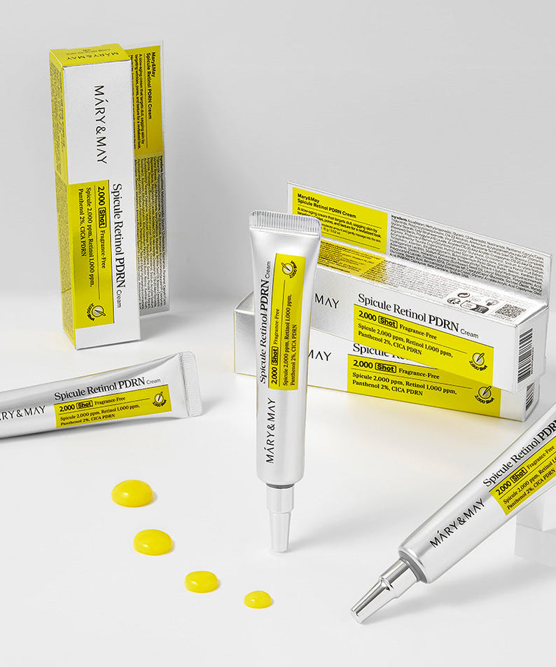 MARY&MAY Speculum Retinol PDRN Cream 15g avec tubes et emballage jaune vibrant, soin anti-âge efficace.