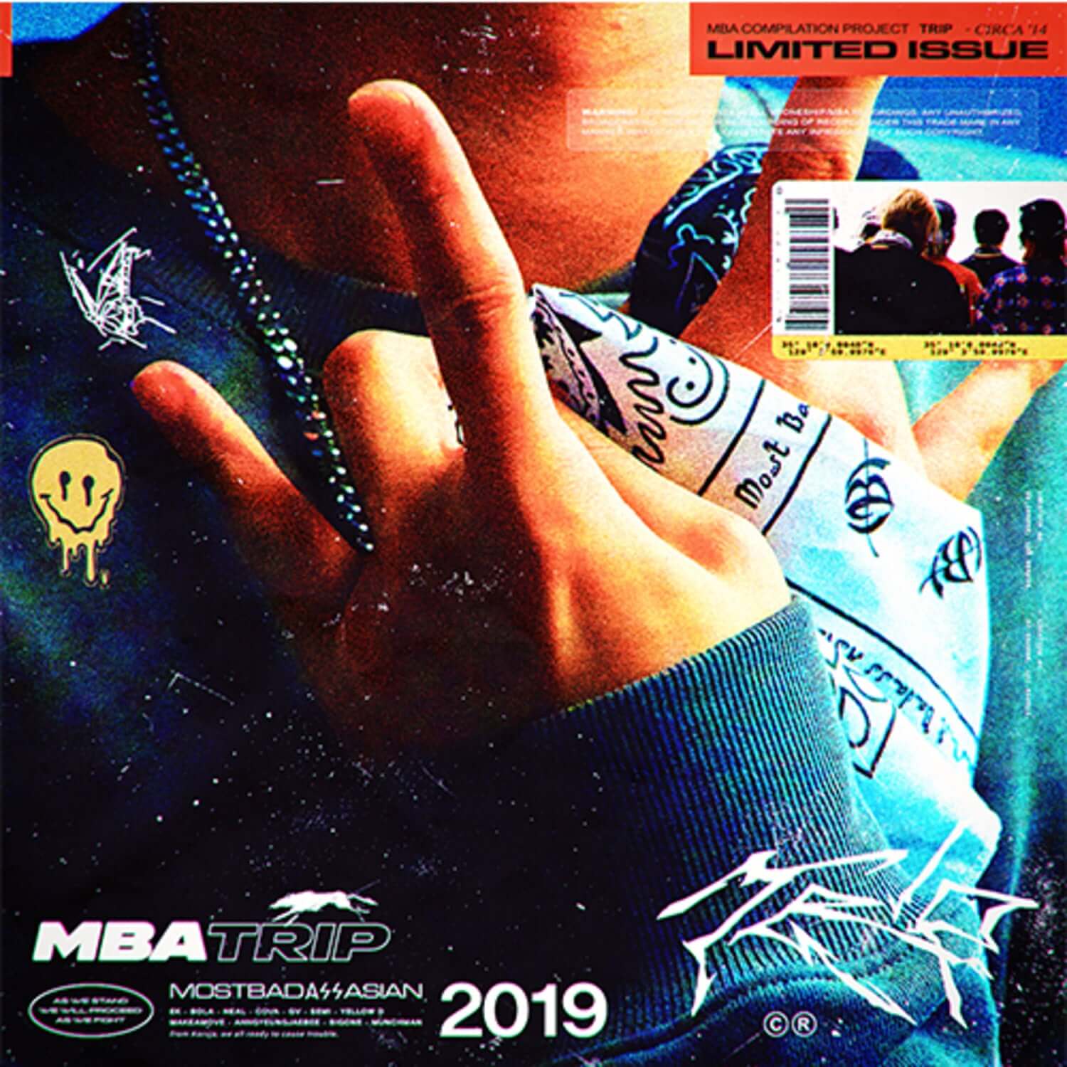 MBA - 1st Album [TRIP] - Album Kpop, pochette visuelle 2019 avec main, néons et graphismes MBA lumineux.