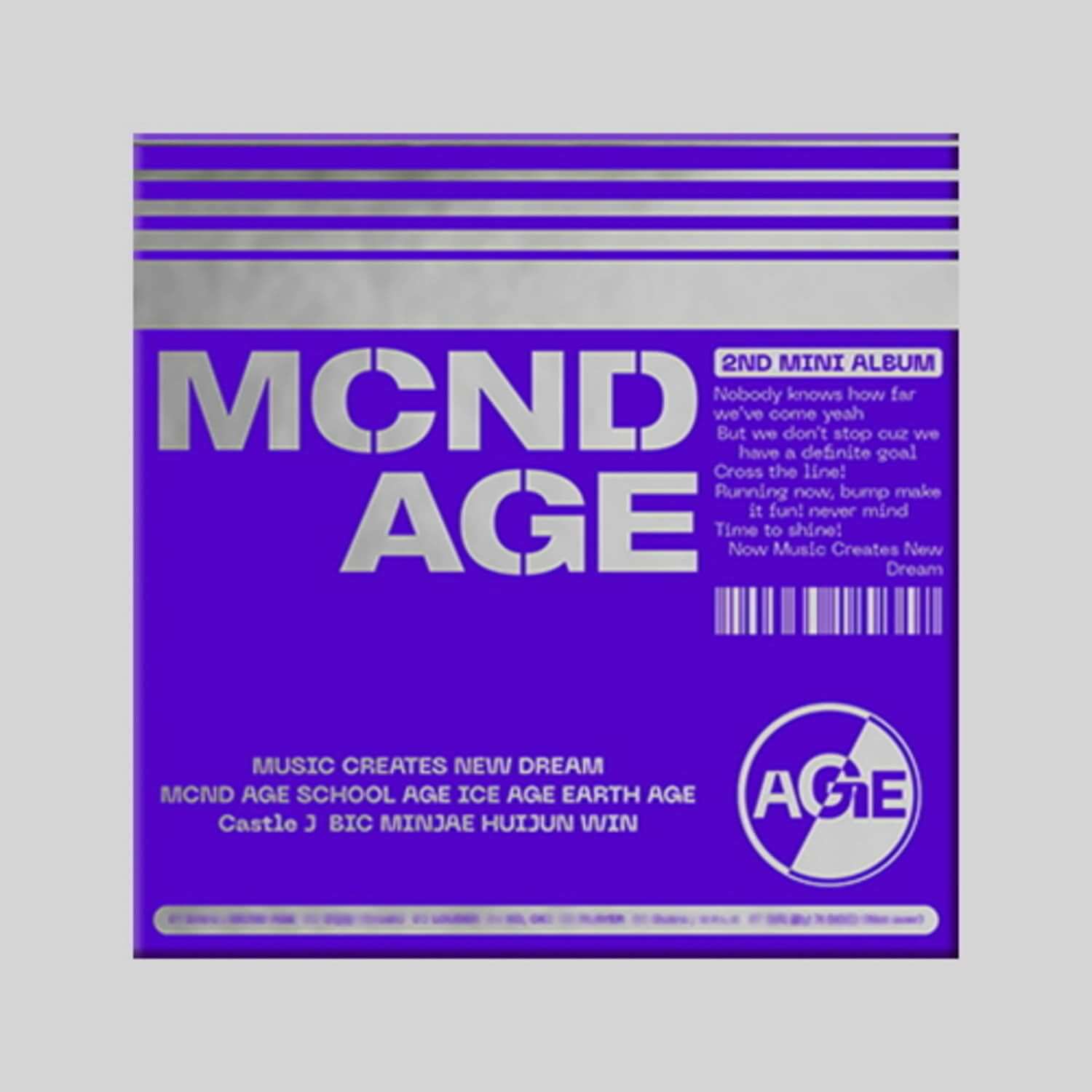 MCND - 2nd Album [MCND AGE] GET Ver. - Album Kpop, couverture violette avec texte MCND AGE et logo AGE