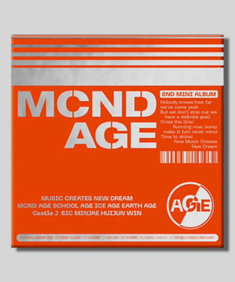 MCND - 2nd Album [MCND AGE] HIT Ver. - Album Kpop, pochette orange rayée sur fond gris, MCND