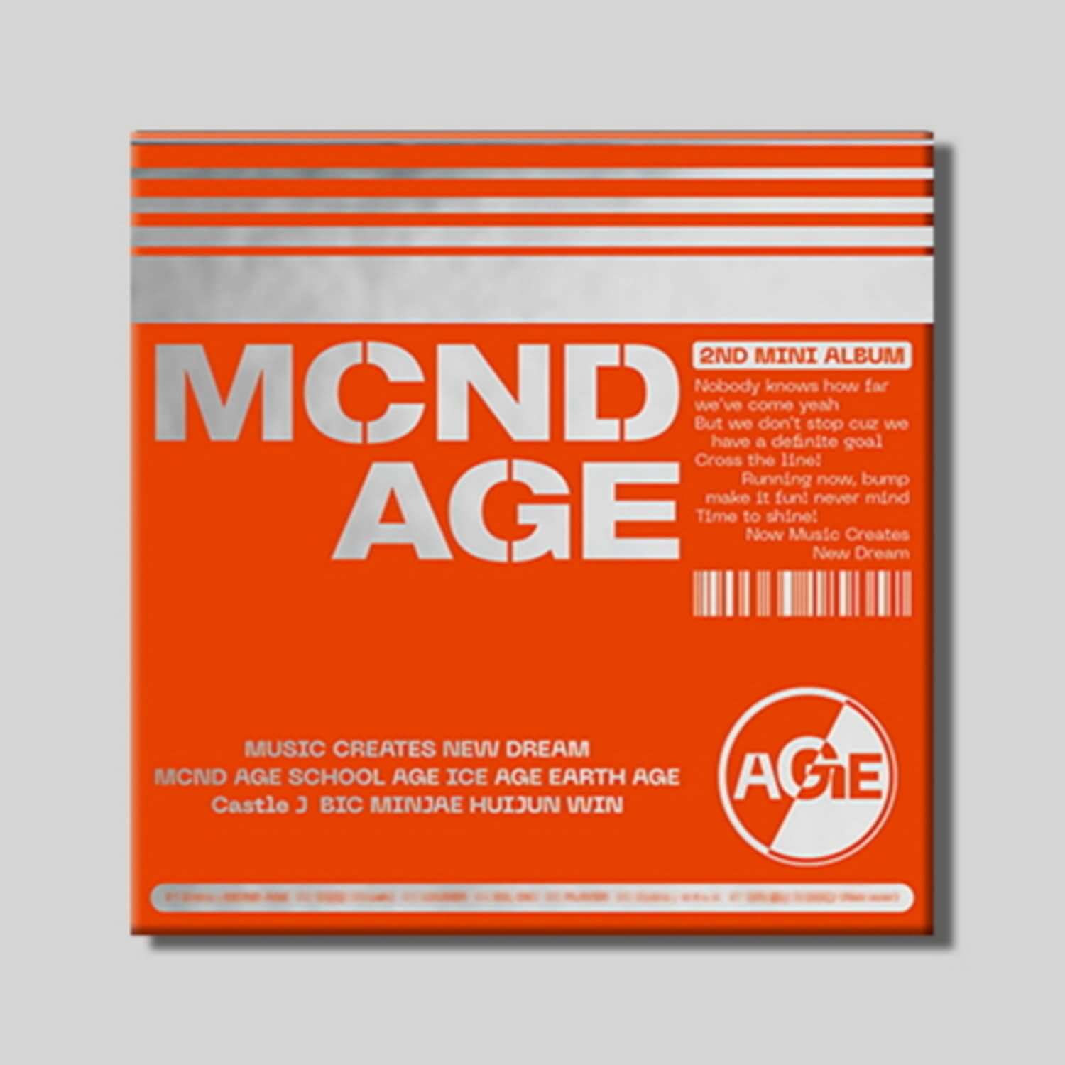 MCND - 2nd Album [MCND AGE] HIT Ver. - Album Kpop, pochette orange rayée sur fond gris, MCND