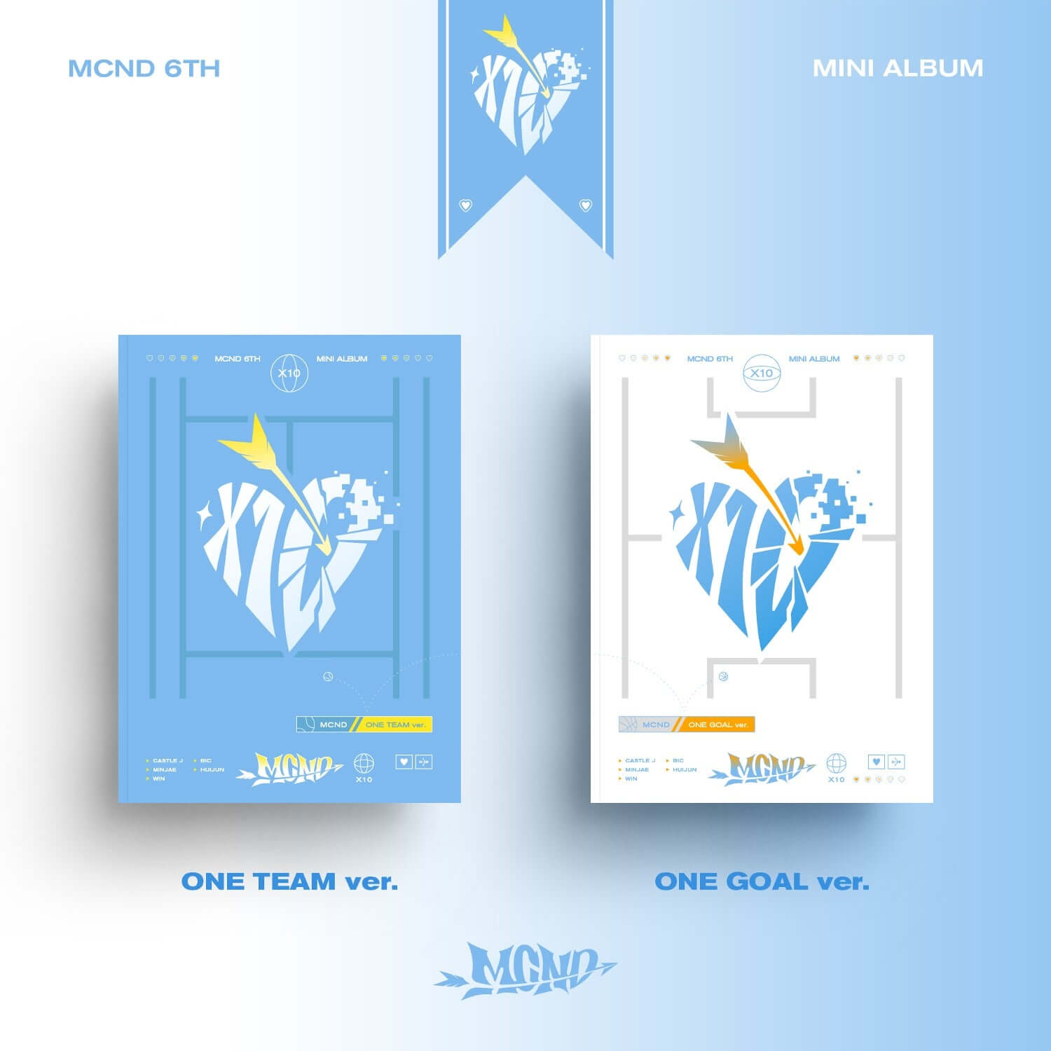 MCND - 6th Album [X10] ONE GOAL ver. - Album Kpop, pochette bleue avec logo MCND, fond visuel studio.