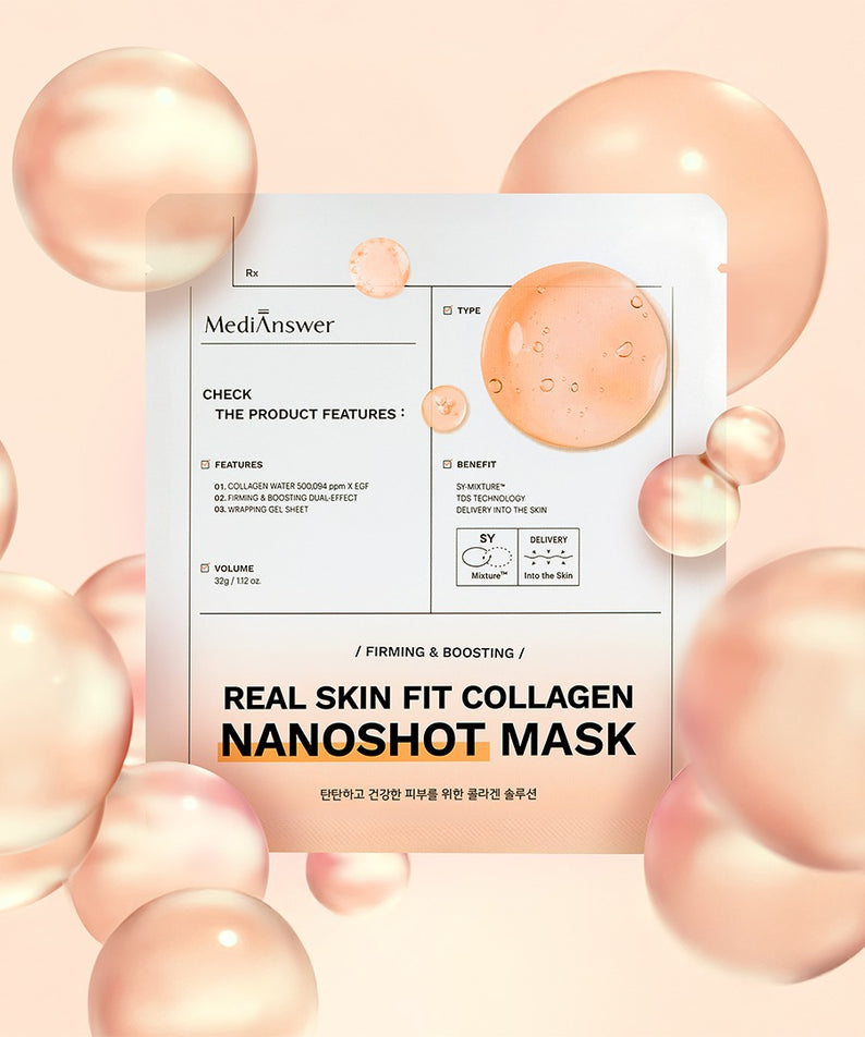 MEDIANSWER Real Skin Fit Collagen Nanoshot Mask 5 sheets, masque au collagène de MediAnswer sur fond bulles roses.