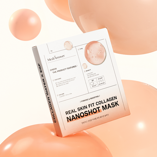 MEDIANSWER Real Skin Fit Collagen Nanoshot Mask 5 sheets : boîte sur fond abricot, bulles, style beauté.