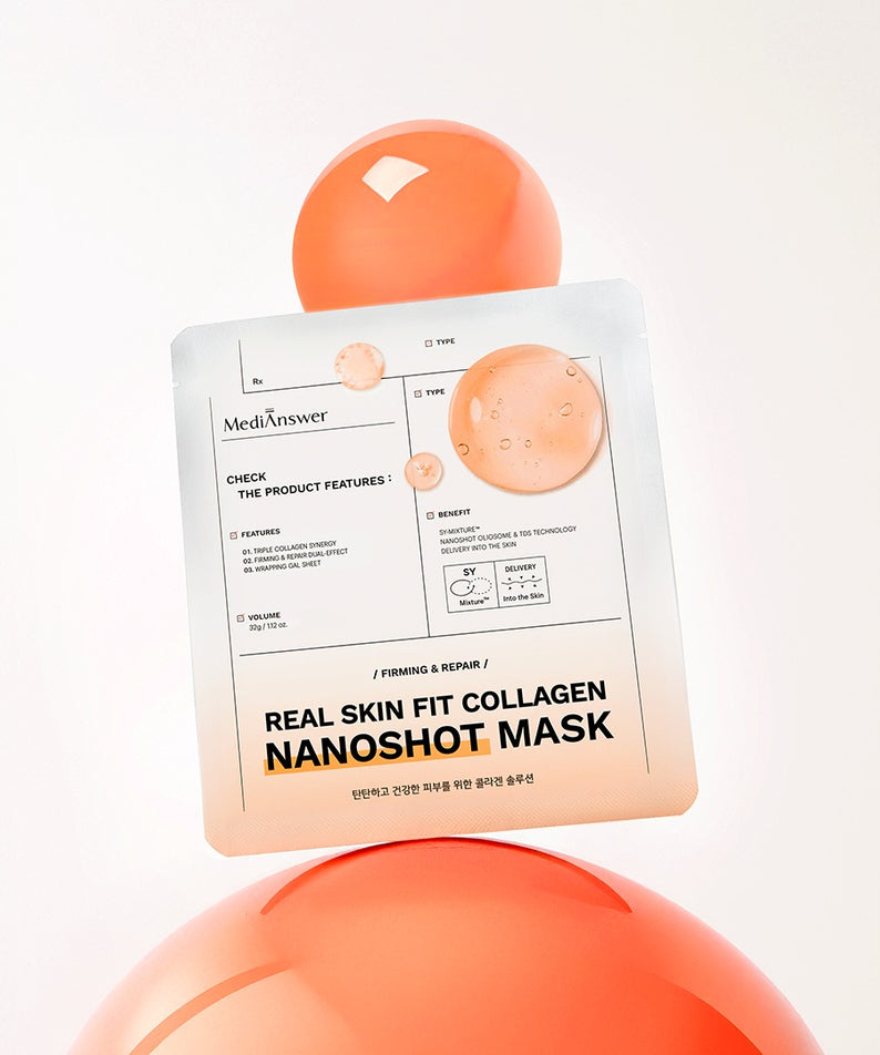 MEDIANSWER Real Skin Fit Collagen Nanoshot Mask 5 sheets, masque visage en sachet, fond blanc, produit de la marque MediAnswer