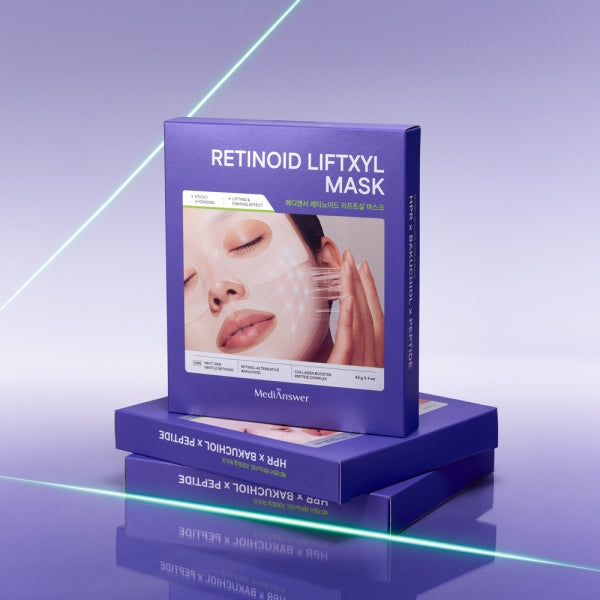 MEDIANSWER Retinoid Liftsil Mask (4 sheets) : boîte et masques sur fond violet, éclairage cosmétique.