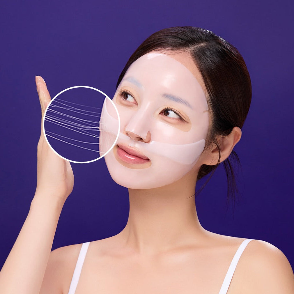 MEDIANSWER Retinoid Liftsil Mask (4 sheets) : femme applique un masque facial anti-âge, marque en contexte visuel bleu