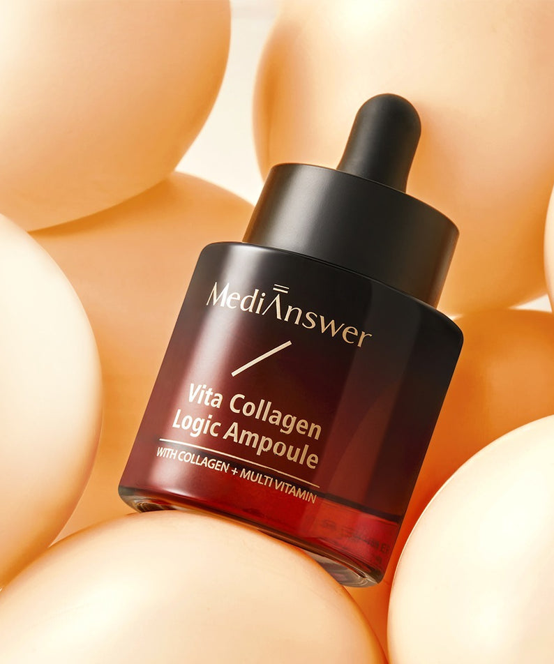 Flacon de MEDIANSWER Vita Collagen Logic Ampoule entouré d'œufs, soin peau revitalisant avec collagène et vitamines.