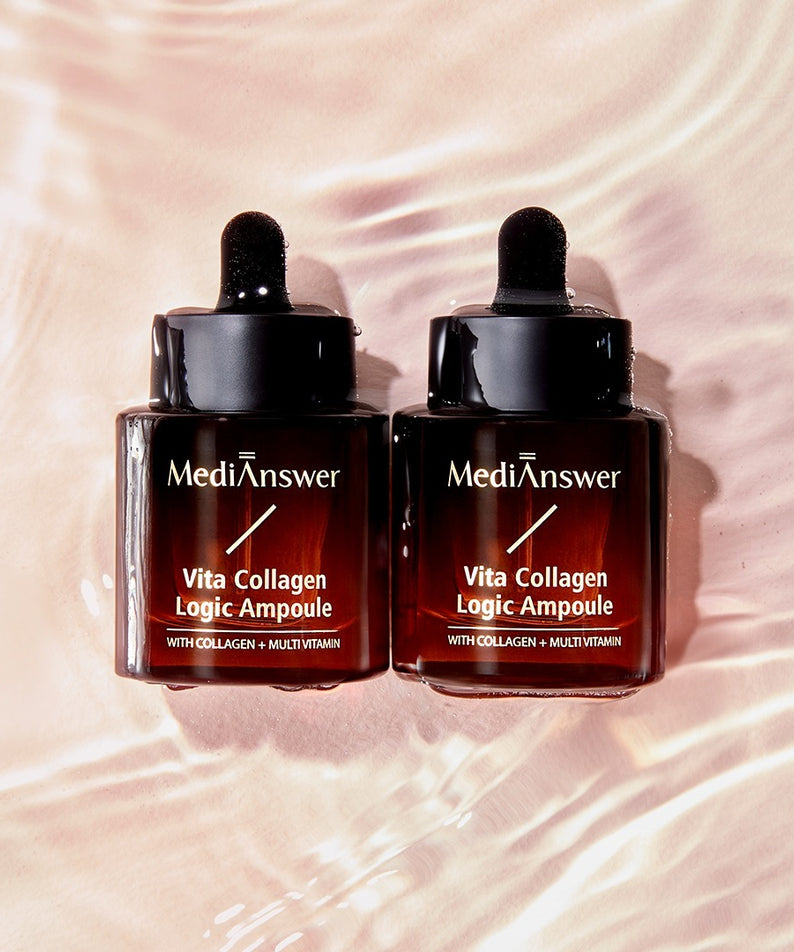 Deux flacons de MEDIANSWER Vita Collagen Logic Ampoule posés sur une surface texturée.