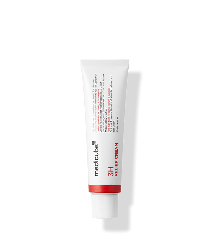 MEDICUBE 3H Relief Cream 50ml, tube crème blanc avec étiquette rouge, produit de la marque sur fond noir