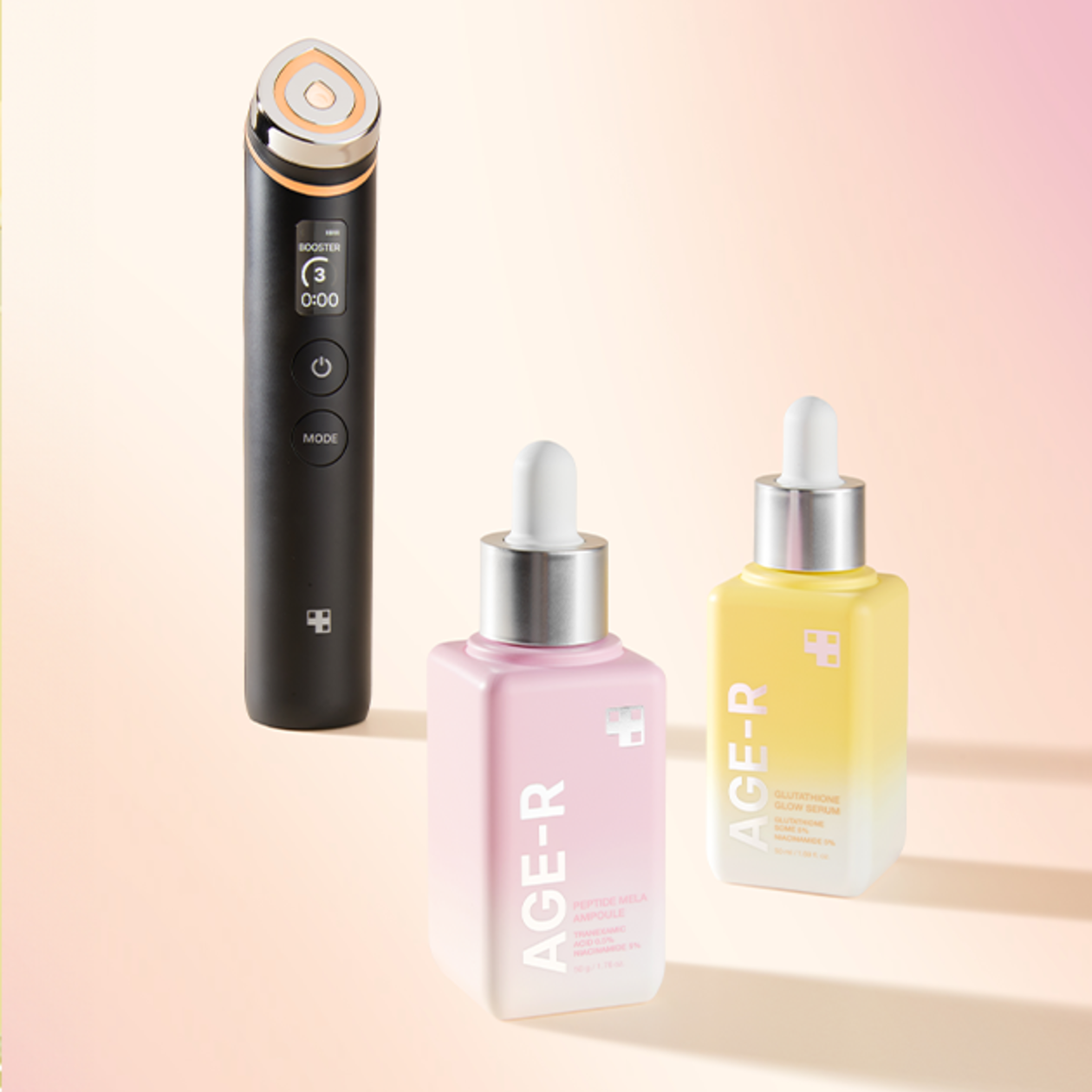 MEDICUBE AGE-R Peptide Mela Ampoule 50g, marque MEDICUBE, sérum avec flacons sur fond pastel, photo produit