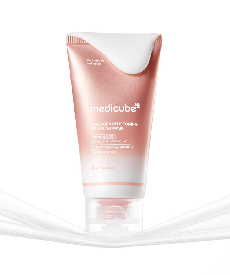 MEDICUBE Collagen Milk Wrapping Mask 80ml de medicube, tube rose sur fond blanc, en gros plan.