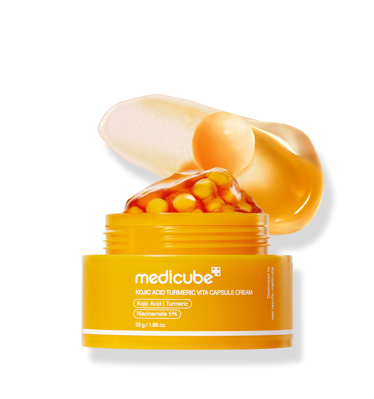MEDICUBE Kojic Acid Turmeric Vita Capsule Cream 53g, crème visage de la marque, pot jaune isolé sur fond noir, capsule.