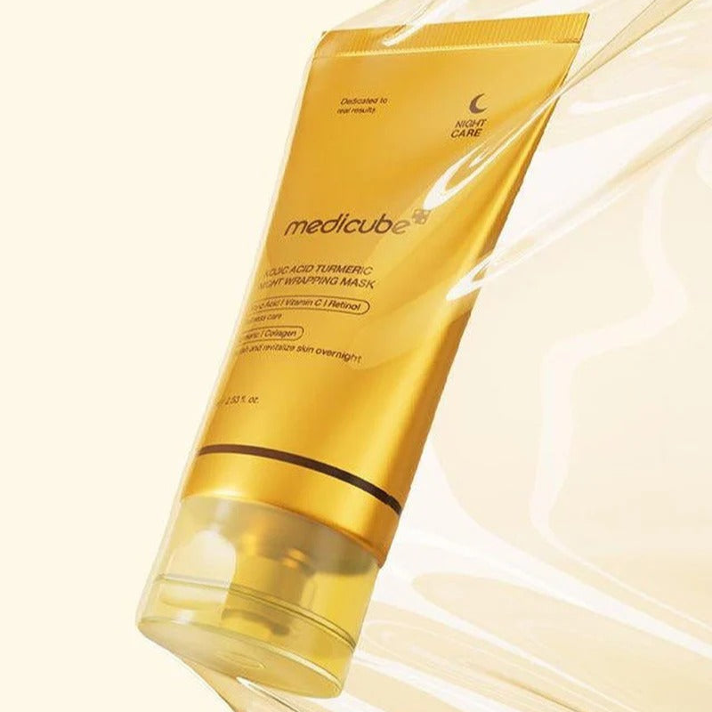 MEDICUBE Kojic Acid Turmeric Vita Wrapping Mask 75ml de la marque MEDICUBE, tube doré sur fond crème, visuel produit