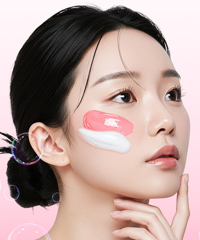 MEDICUBE PDRN Gel-To-Foam Cleanser 200ml, la marque sur gel moussant appliqué sur le visage, fond rose.