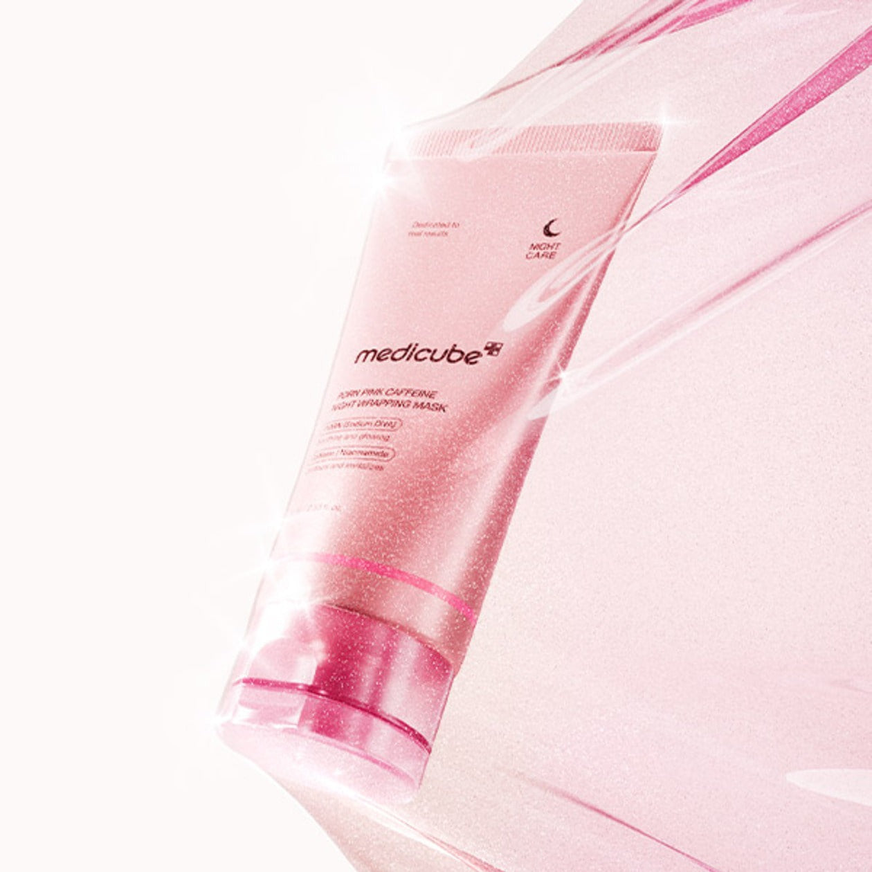 MEDICUBE PDRN Pink Caffeine Night Wrapping Mask 75ml : tube rose Meditcube sur fond clair, effet masque nocturne.