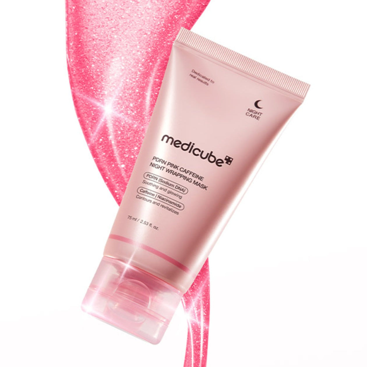 MEDICUBE PDRN Pink Caffeine Night Wrapping Mask 75ml, tube rose scintillant sur fond blanc, marque Medicube
