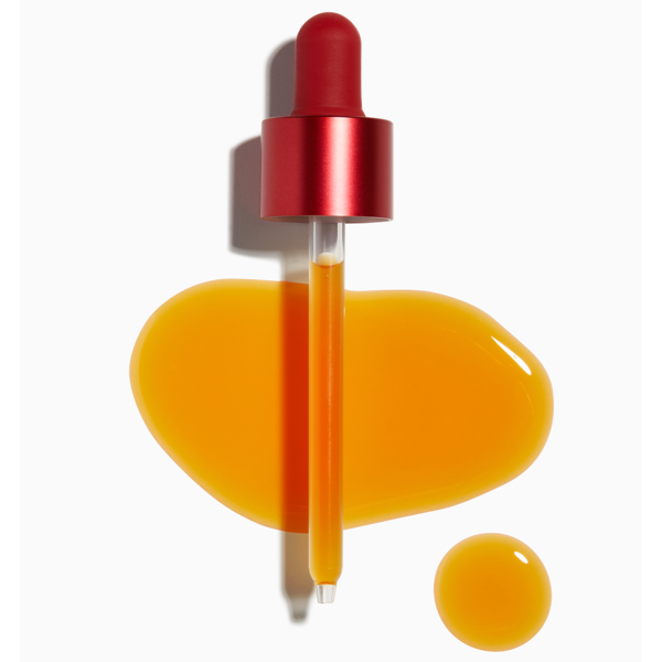 Décris l'image en français : MEDICUBE Red Acne Succinic Acid Peel 40g, sérum rouge sur fond blanc, texture goutte et flacon.