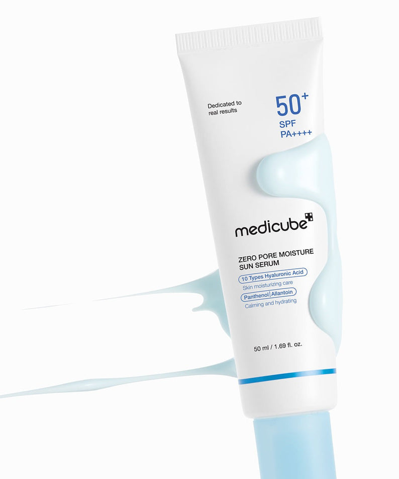 MEDICUBE Zero Pore Moisture Sun Serum 50ml : tube crème solaire SPF50+ sur fond blanc, marque Medicube, visuel produit.