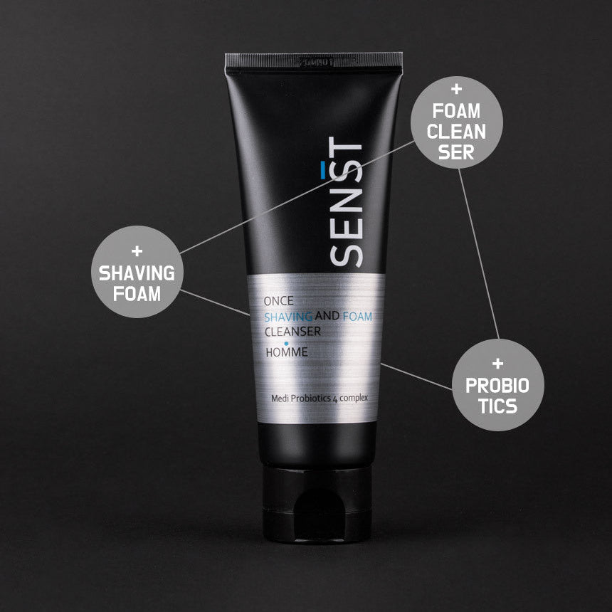 MEDIFLOWER 1+1+1 Sensitive Once Shaving & Foam Cleanser Homme 120ml, tube noir sur fond sombre, marque MediFlower.