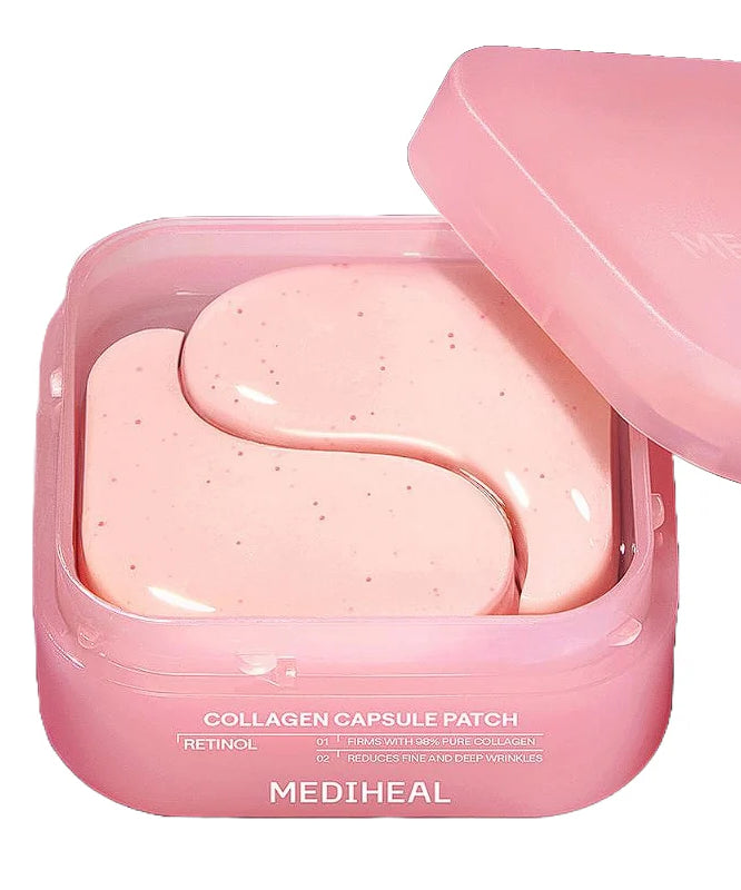 MEDIHEAL  Collagen Capsule Patch 60 sheets, patch au collagène en boîtier rose, plaquette ouverte sur fond blanc