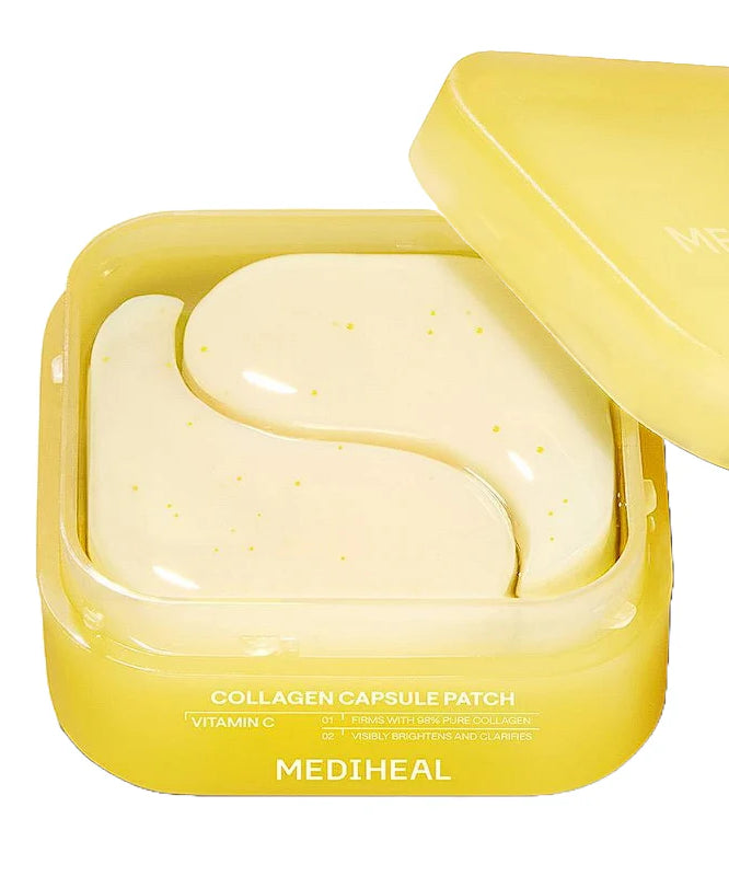 MEDIHEAL  Collagen Capsule Patch 60 sheets, boîte jaune ouverte montrant un patch aux capsules, fond blanc.
