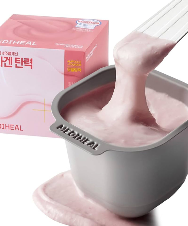 Produit MEDIHEAL Derma Modeling Pack [Collagen Elasticity] en action, révèle une texture rose, augmente l'élasticité de la peau.