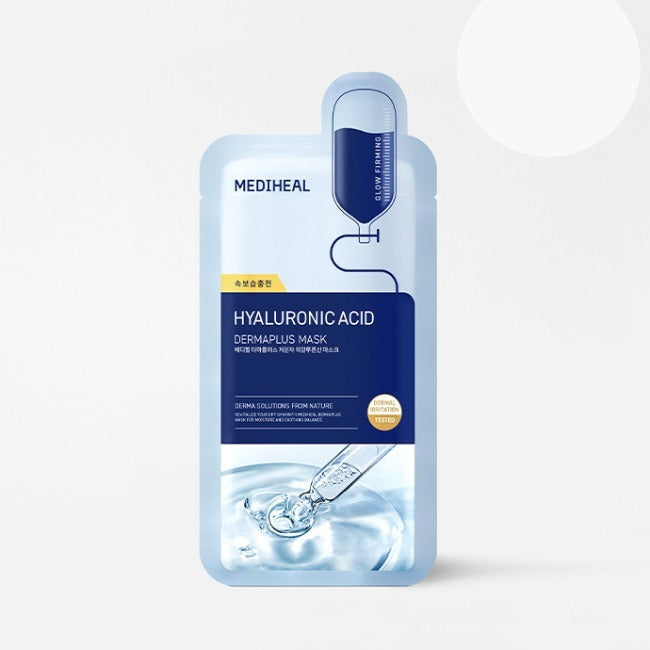 MEDIHEAL Dermaplus Low-Molecular Hyaluronic Acid Mask 10 Sheet, masque hydratant en sachet bleu sur fond clair.