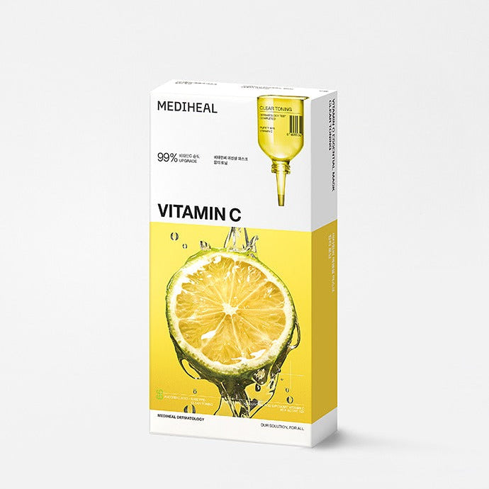 MEDIHEAL N.1 Essential Masks x 10, masque Vitamin C sur fond blanc : boîte MEDIHEAL, visuel agrumes et sérum